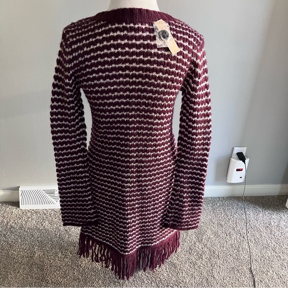 NWT Decree Knit Duster Long Cardigan Purple Snowdrift Fringe Hem Medium Stripes - Picture 4 of 14